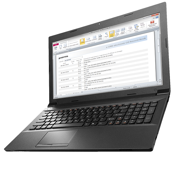 e-orb.proimio.com e-ORB electronic Oil Record Book Software eORB Laptop Export Screenshot